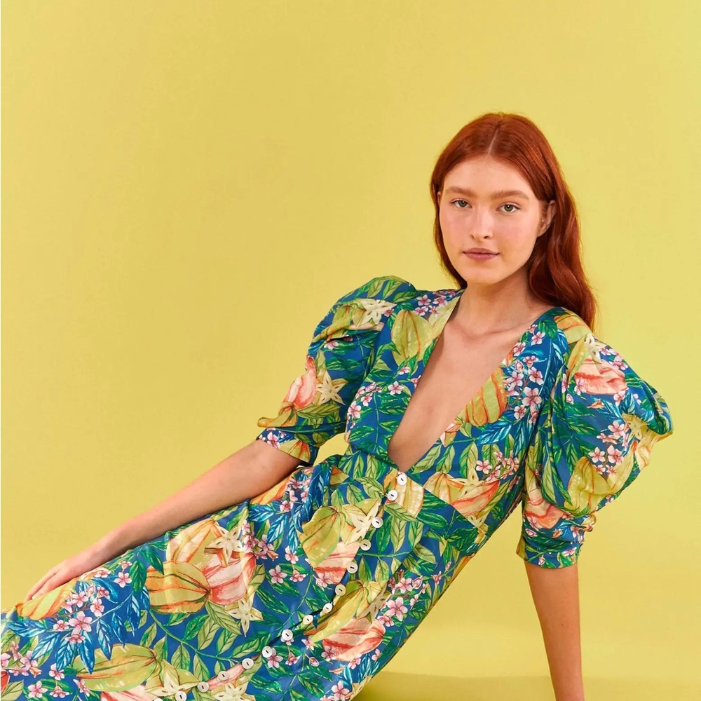 Farm Rio XL Star Fruits Puff Sleeve Midi Dress